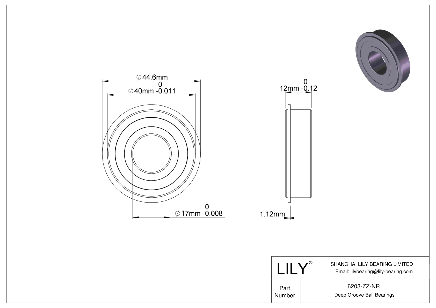 6203-ZZ-NR Deep Groove Ball Bearings (6000, 6200, 6300, 6400) cad drawing