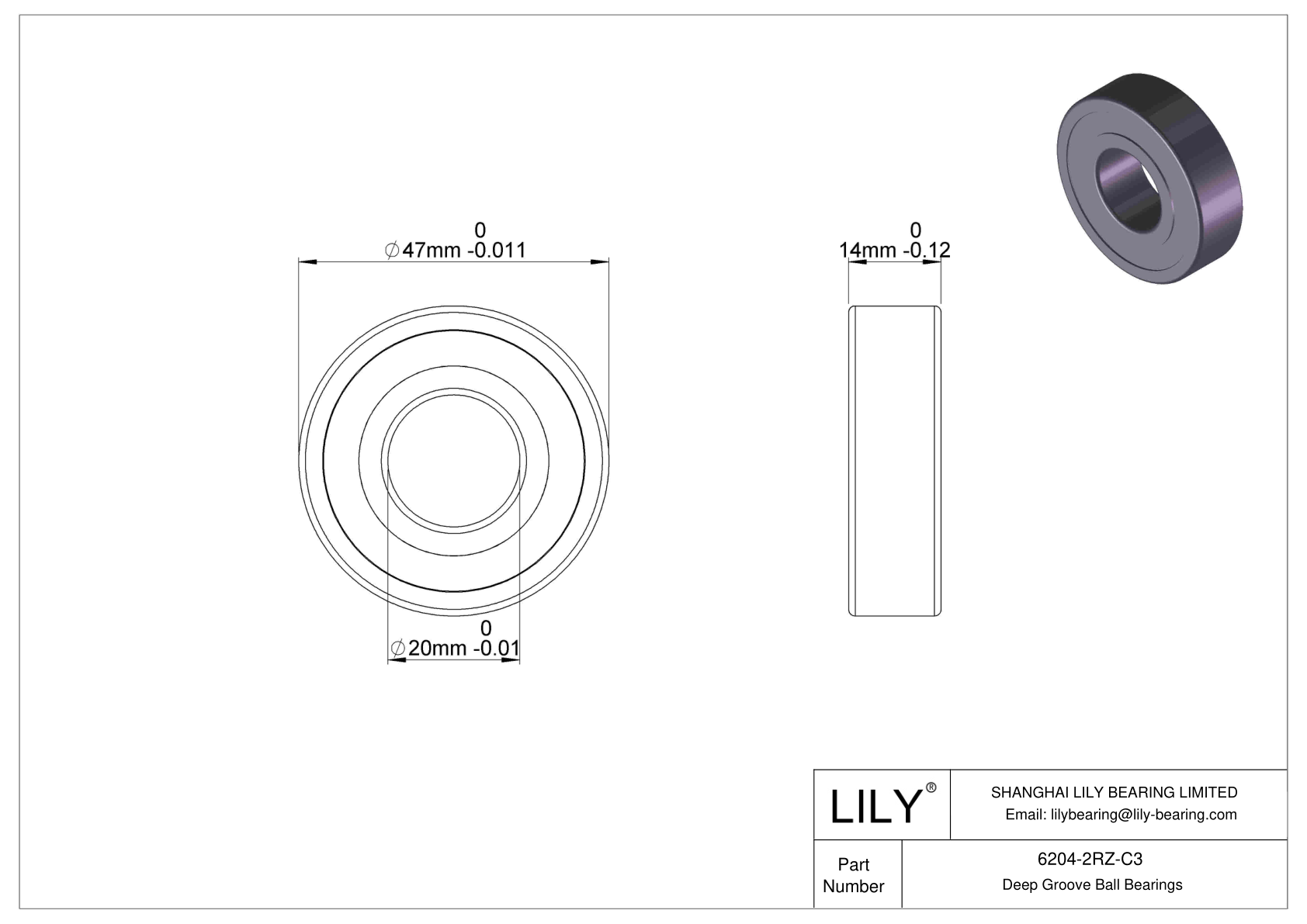 6204-2RZ-C3 Deep Groove Ball Bearings (6000, 6200, 6300, 6400) cad drawing