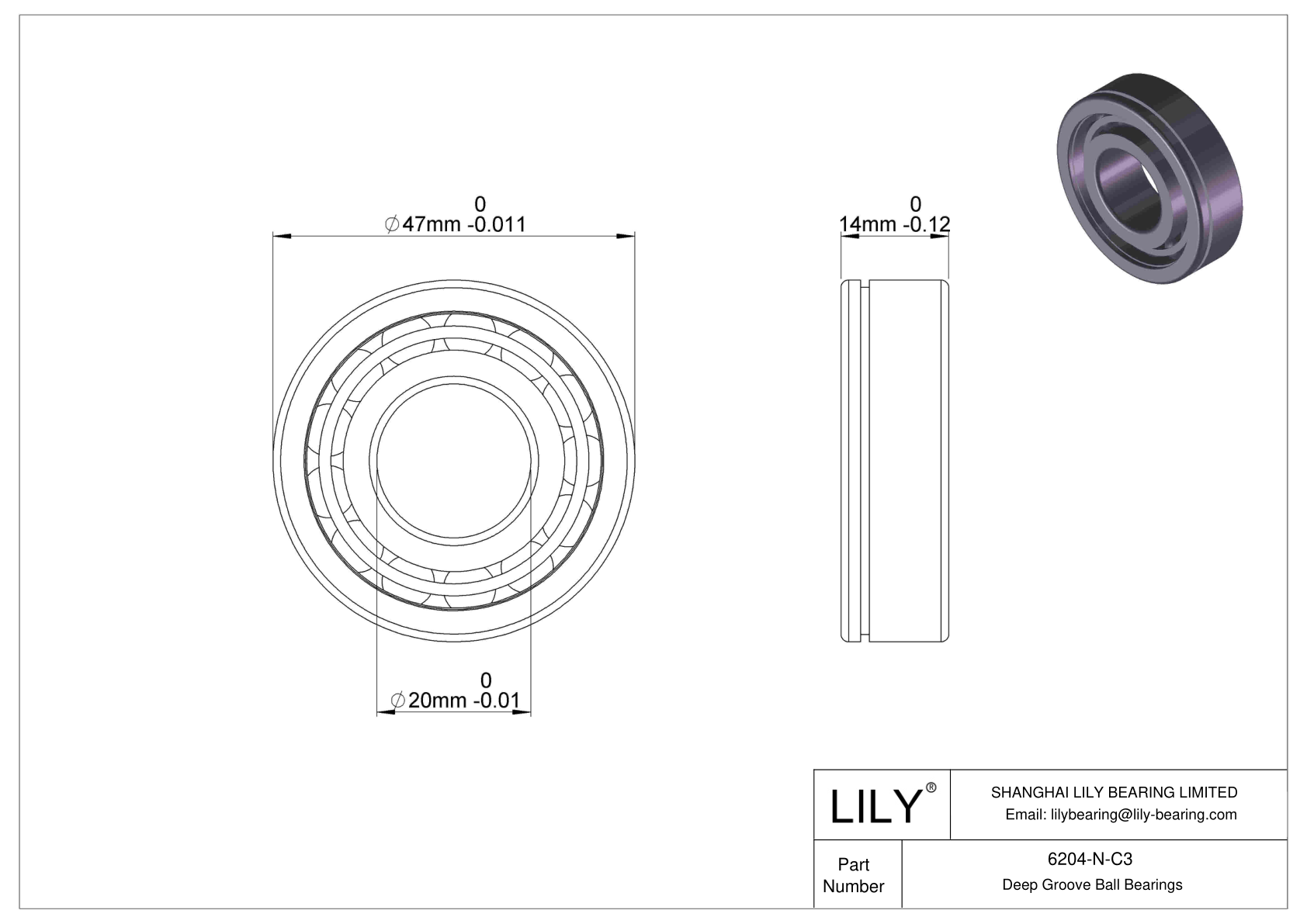 6204-N-C3 General Deep Groove Ball Bearing cad drawing