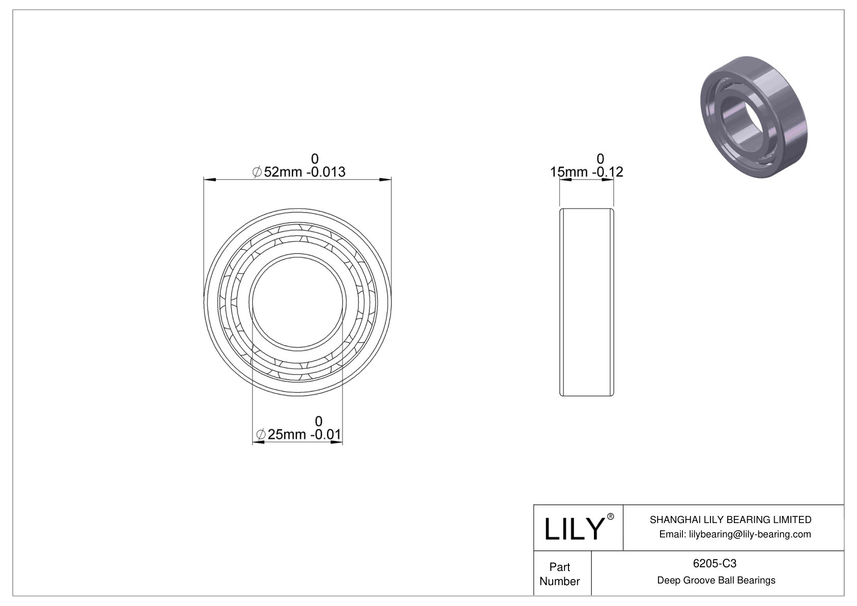 6205-C3 Deep Groove Ball Bearings (6000, 6200, 6300, 6400) cad drawing