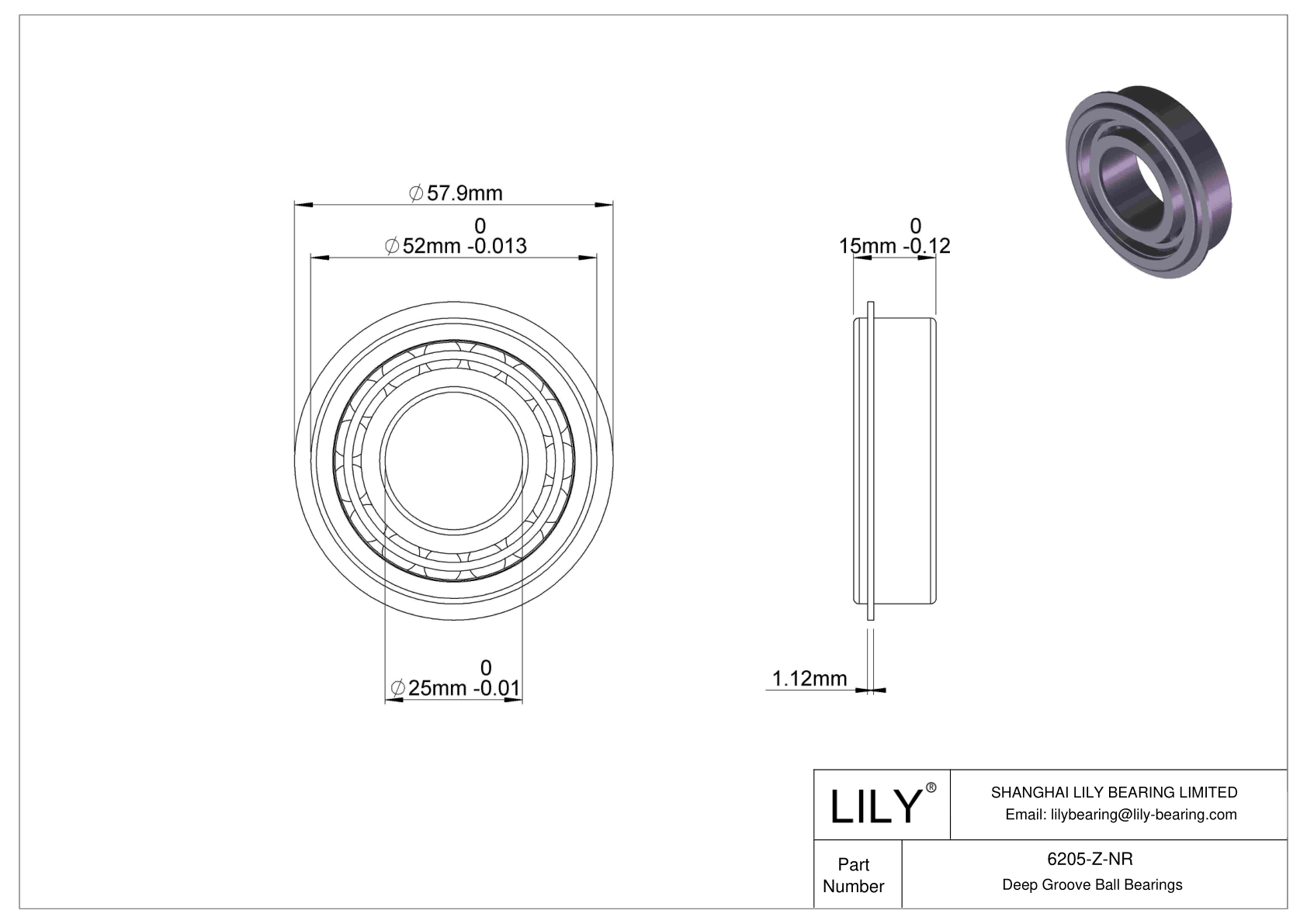 6205-Z-NR Deep Groove Ball Bearings (6000, 6200, 6300, 6400) cad drawing