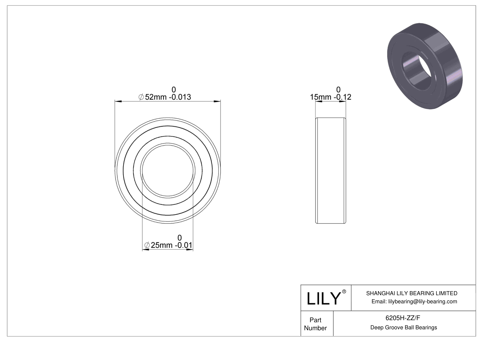 6205H-ZZ/F Corrosion Resistant Deep Groove Ball Bearings cad drawing