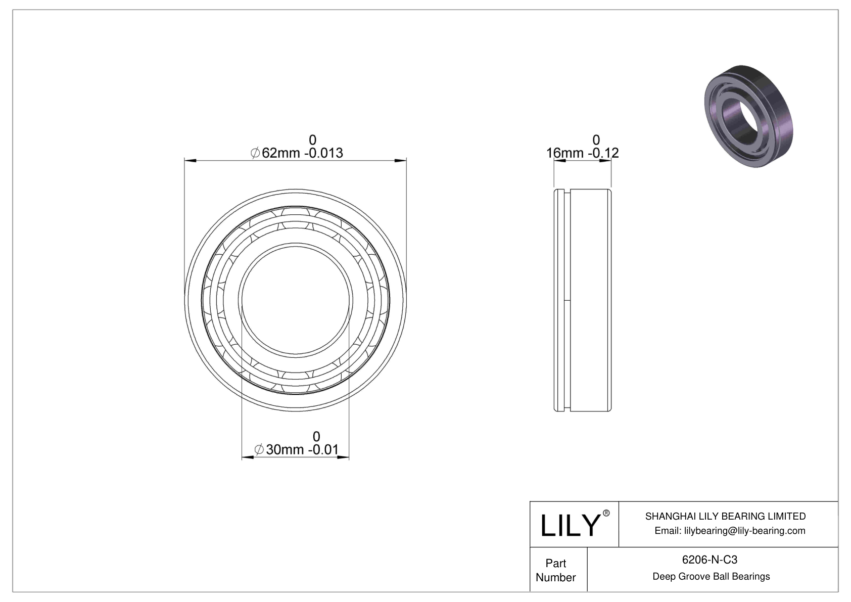 6206-N-C3 Deep Groove Ball Bearings (6000, 6200, 6300, 6400) cad drawing