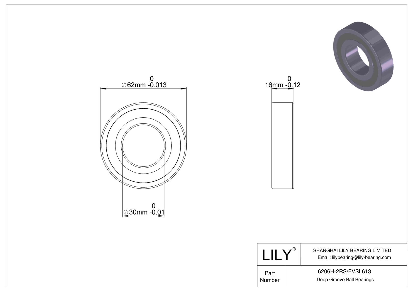 6206H-2RS/FVSL613 Corrosion Resistant Deep Groove Ball Bearings cad drawing