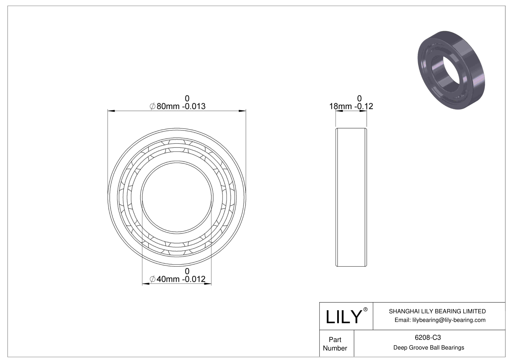 6208-C3 General Deep Groove Ball Bearing cad drawing