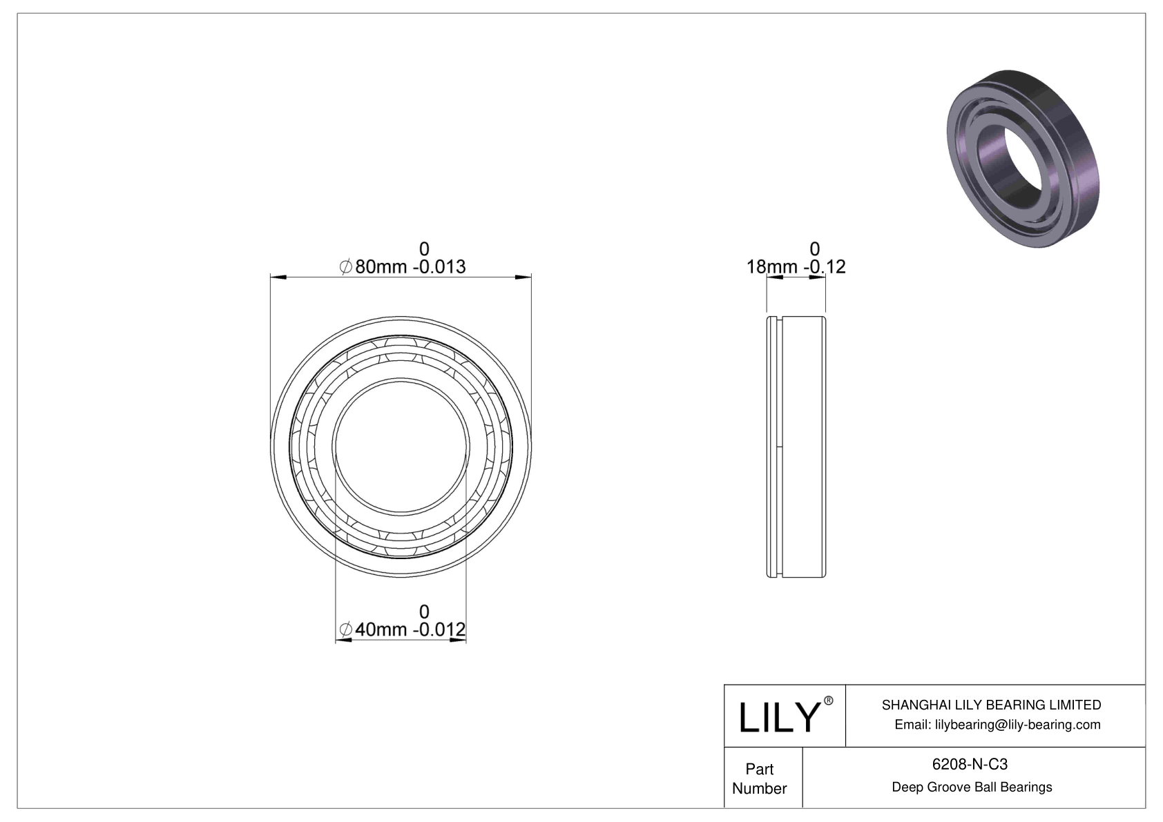 6208-N-C3 Deep Groove Ball Bearings (6000, 6200, 6300, 6400) cad drawing