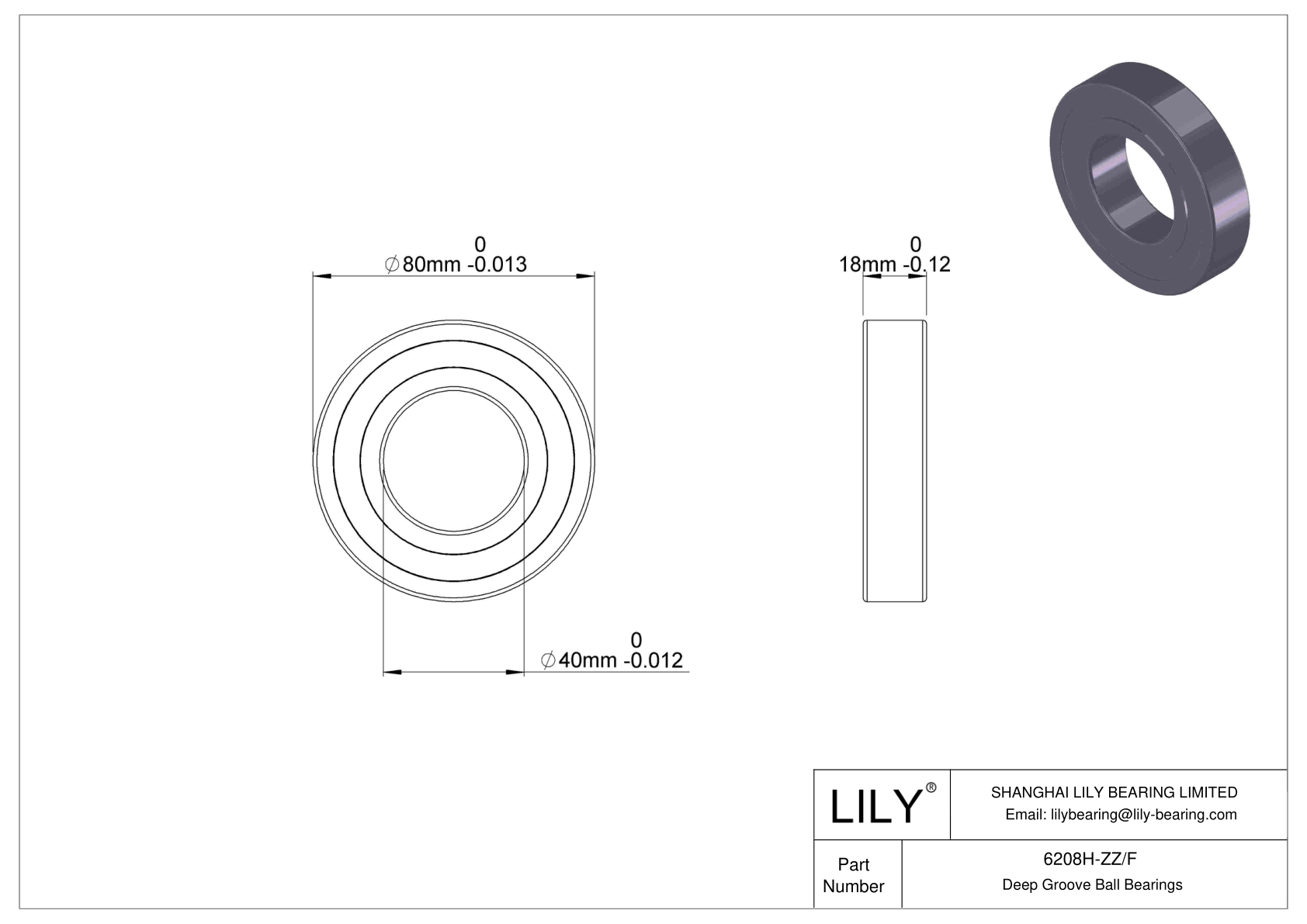 6208H-ZZ/F Corrosion Resistant Deep Groove Ball Bearings cad drawing