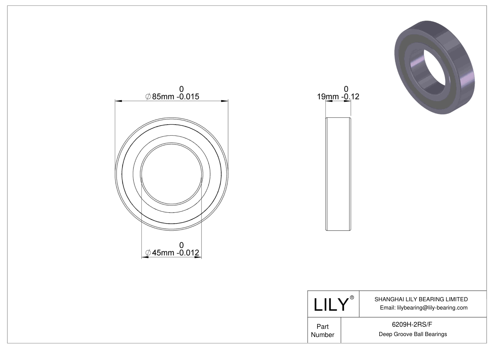 6209H-2RS/F Corrosion Resistant Deep Groove Ball Bearings cad drawing