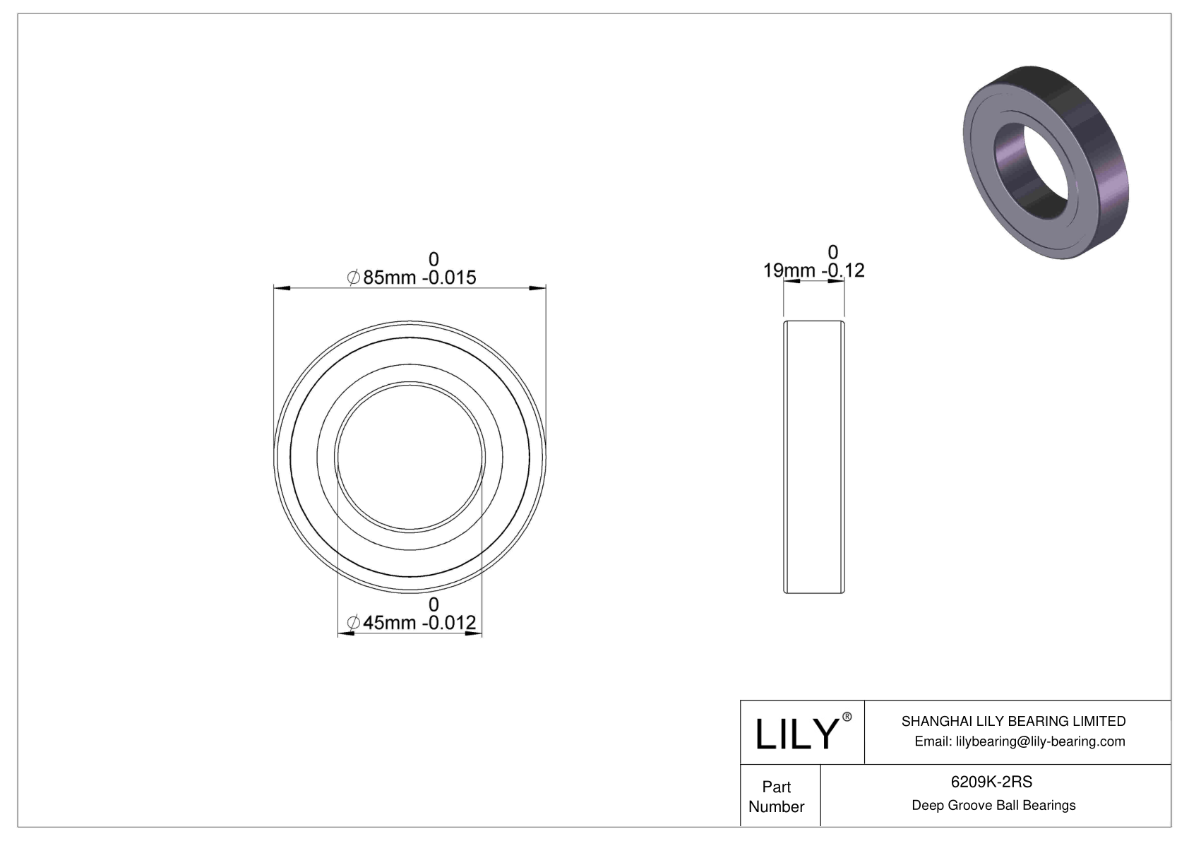 6209K-2RS Deep Groove Ball Bearings (6000, 6200, 6300, 6400) cad drawing