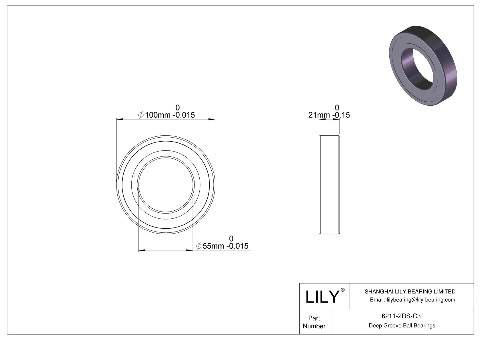 6211-2RS-C3 Deep Groove Ball Bearings (6000, 6200, 6300, 6400) cad drawing