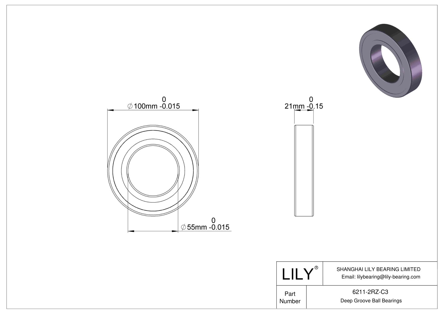 6211-2RZ-C3 Deep Groove Ball Bearings (6000, 6200, 6300, 6400) cad drawing