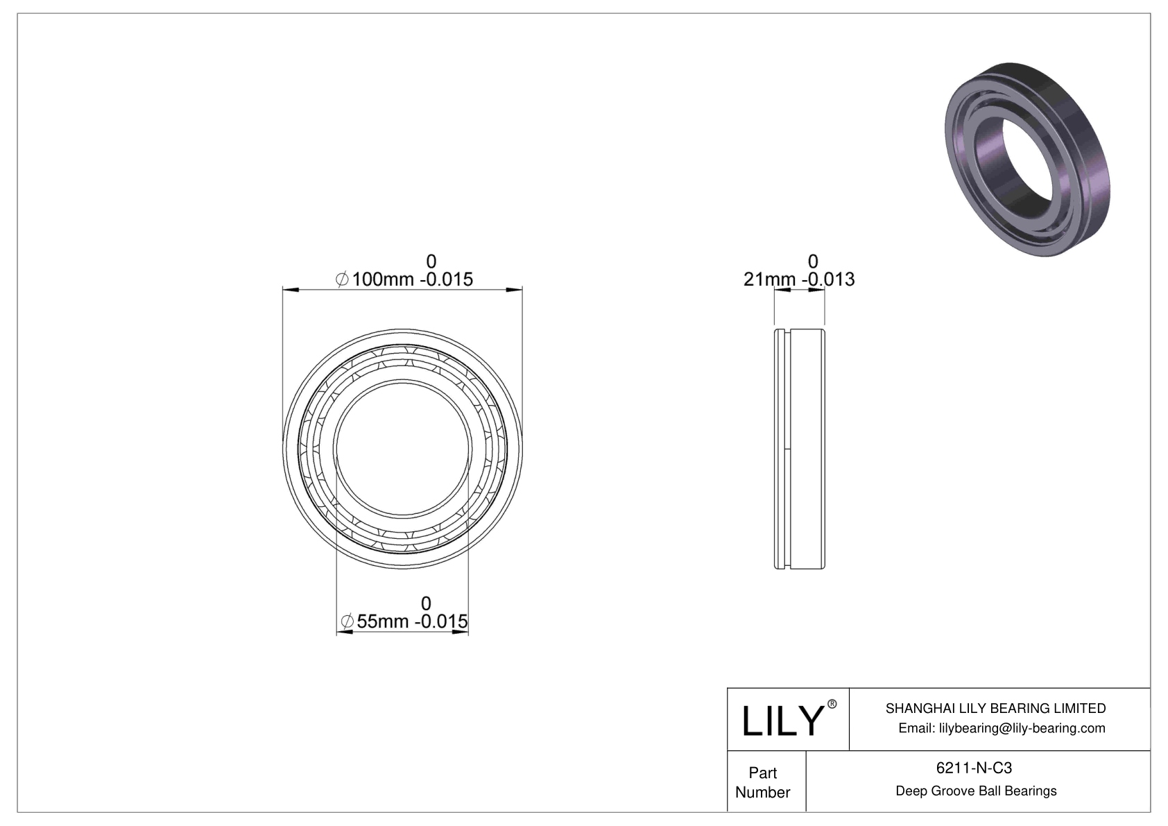 6211-N-C3 Deep Groove Ball Bearings (6000, 6200, 6300, 6400) cad drawing