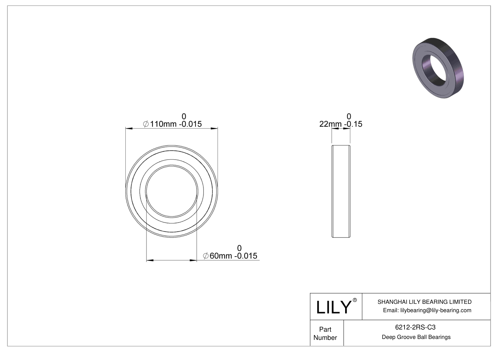 6212-2RS-C3 Deep Groove Ball Bearings (6000, 6200, 6300, 6400) cad drawing