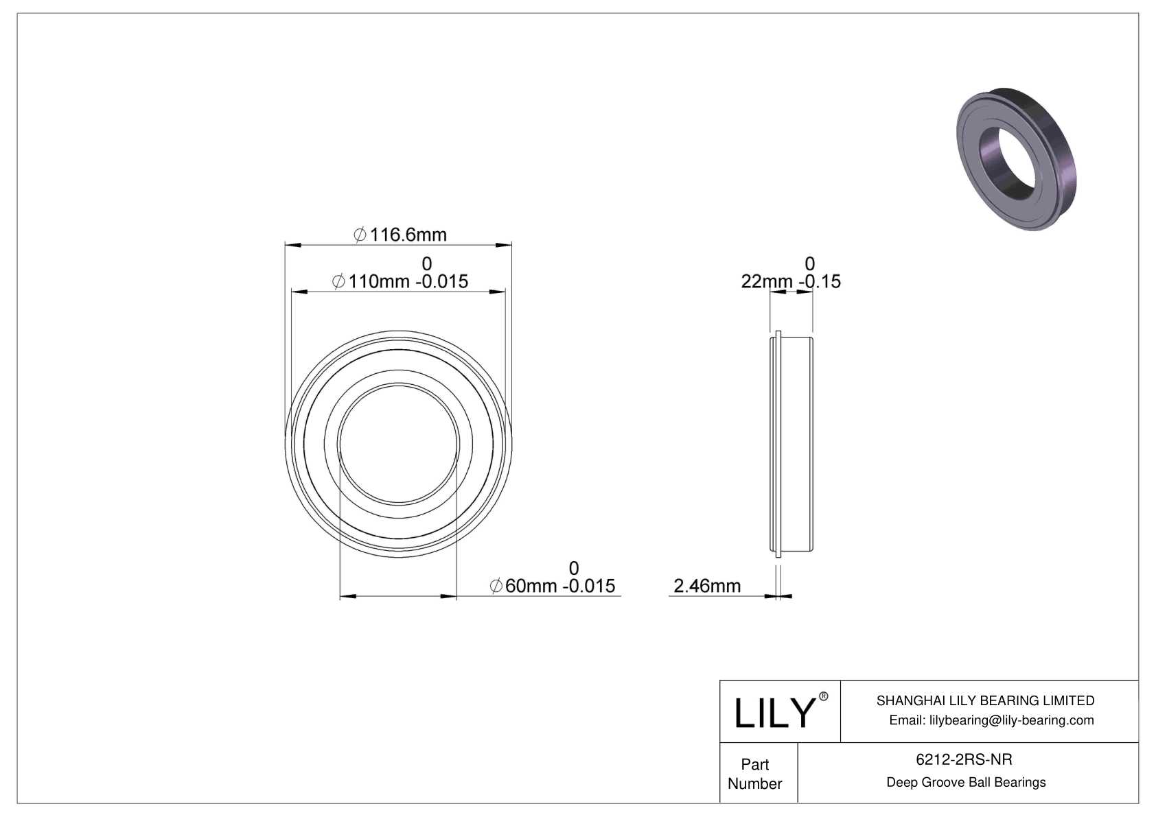 6212-2RS-NR Deep Groove Ball Bearings (6000, 6200, 6300, 6400) cad drawing