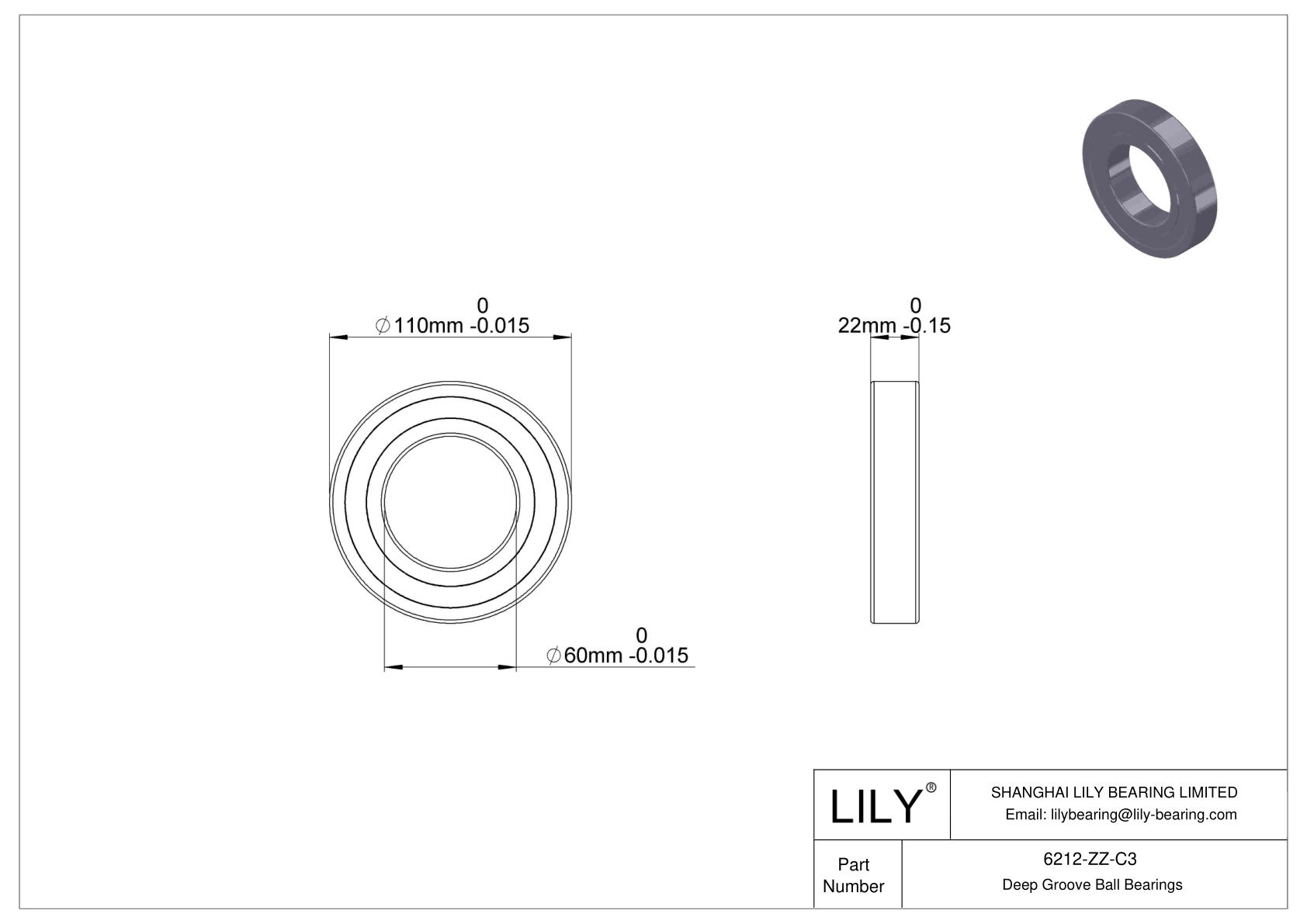 6212-ZZ-C3 Deep Groove Ball Bearings (6000, 6200, 6300, 6400) cad drawing