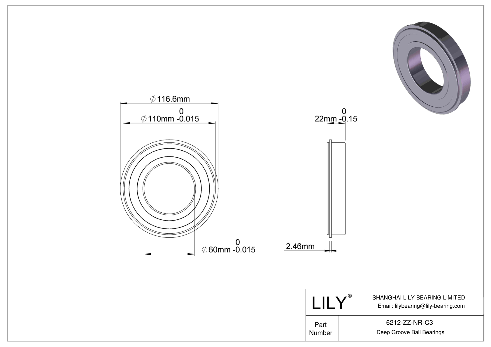 6212-ZZ-NR-C3 Deep Groove Ball Bearings (6000, 6200, 6300, 6400) cad drawing