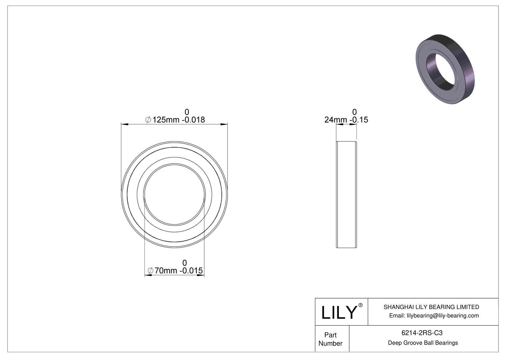 6214-2RS-C3 Deep Groove Ball Bearings (6000, 6200, 6300, 6400) cad drawing