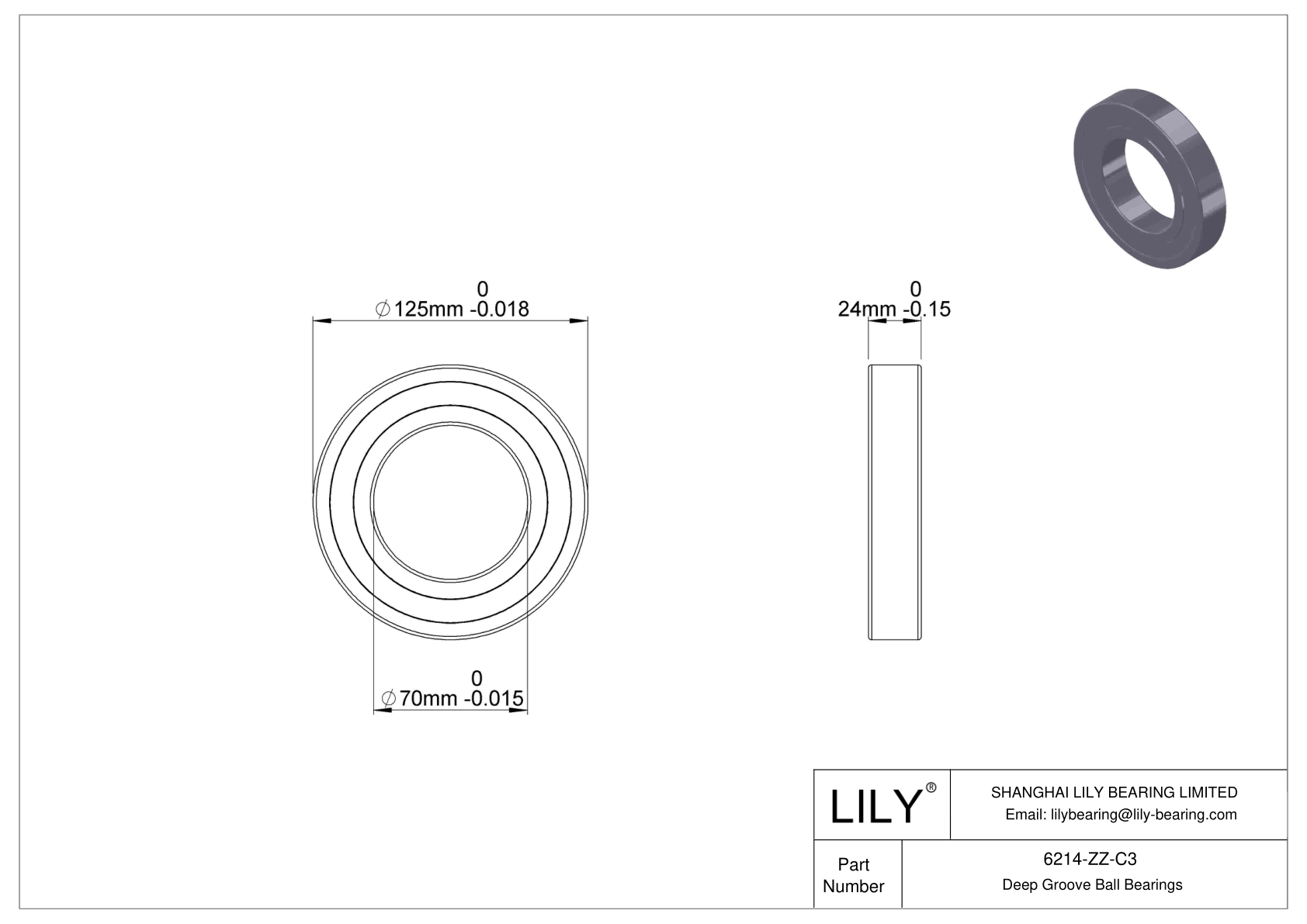 6214-ZZ-C3 Deep Groove Ball Bearings (6000, 6200, 6300, 6400) cad drawing