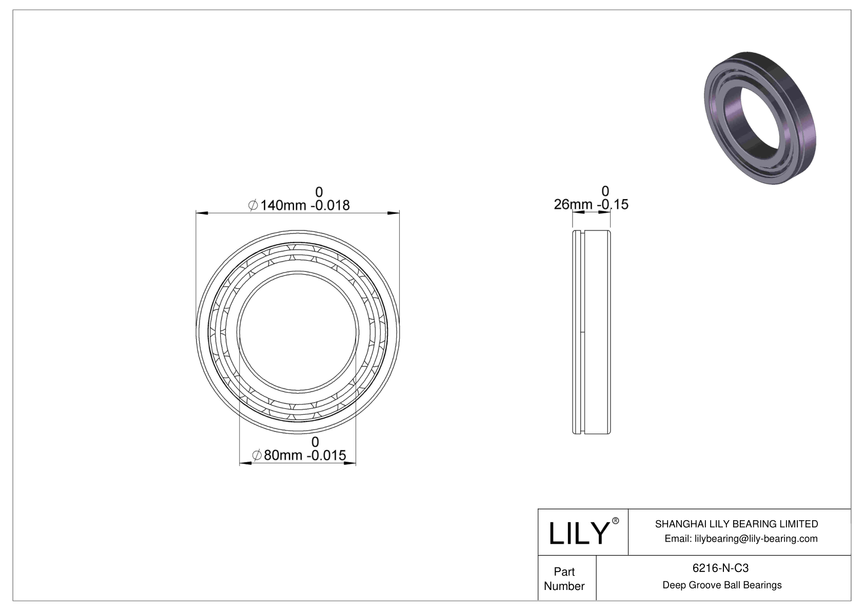 6216-N-C3 Deep Groove Ball Bearings (6000, 6200, 6300, 6400) cad drawing