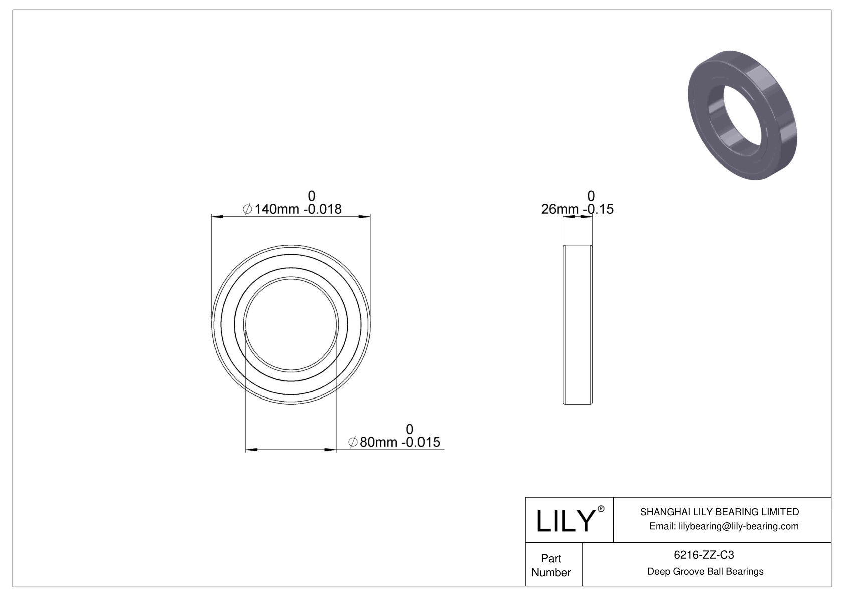 6216-ZZ-C3 Deep Groove Ball Bearings (6000, 6200, 6300, 6400) cad drawing