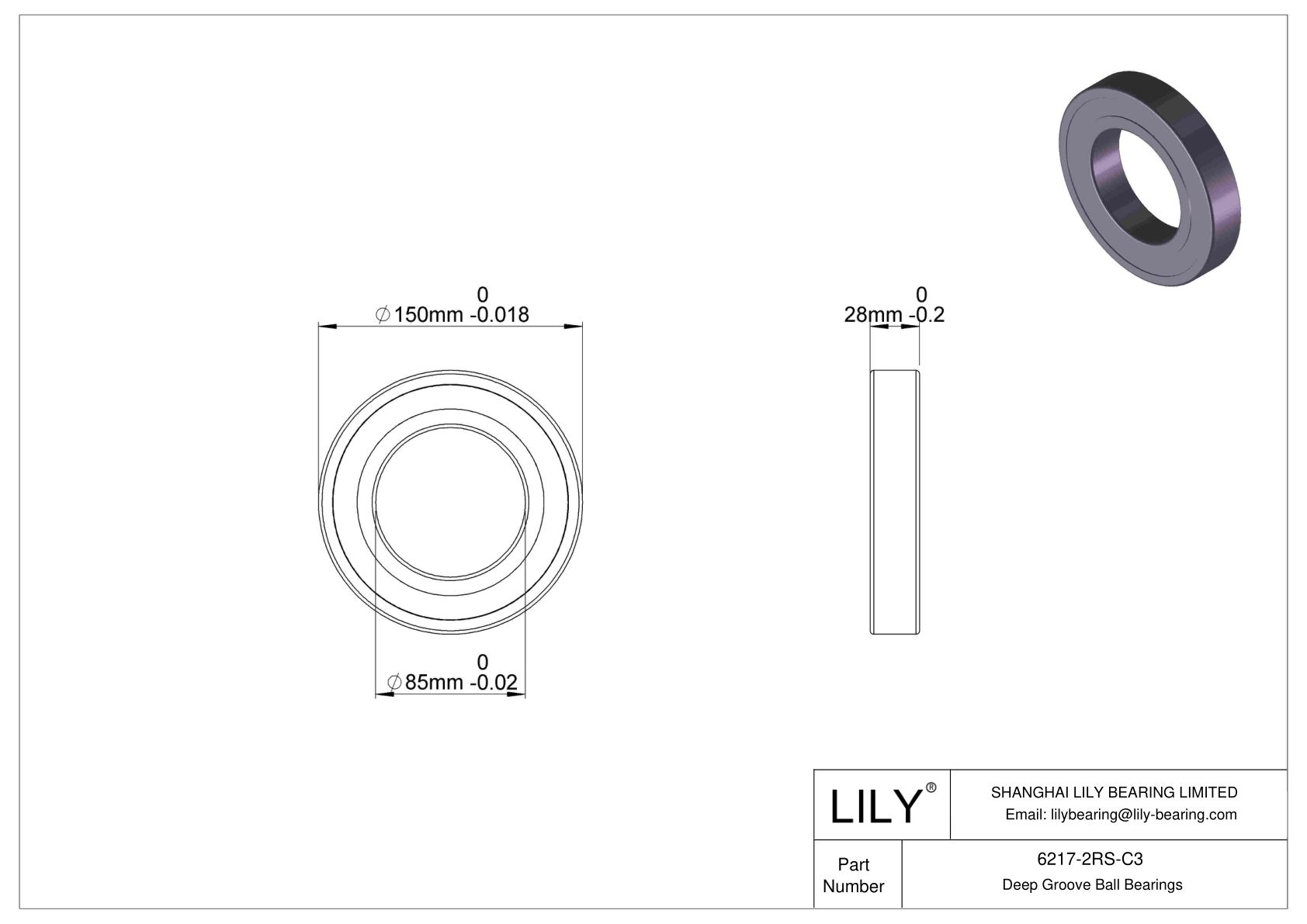 6217-2RS-C3 Deep Groove Ball Bearings (6000, 6200, 6300, 6400) cad drawing