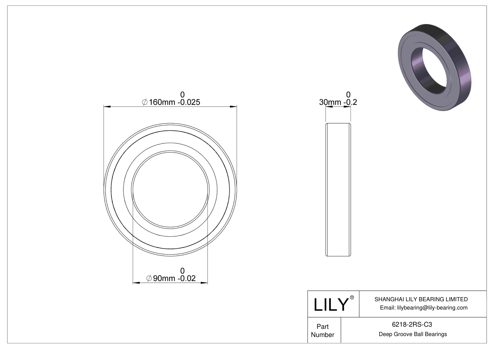 6218-2RS-C3 Deep Groove Ball Bearings (6000, 6200, 6300, 6400) cad drawing