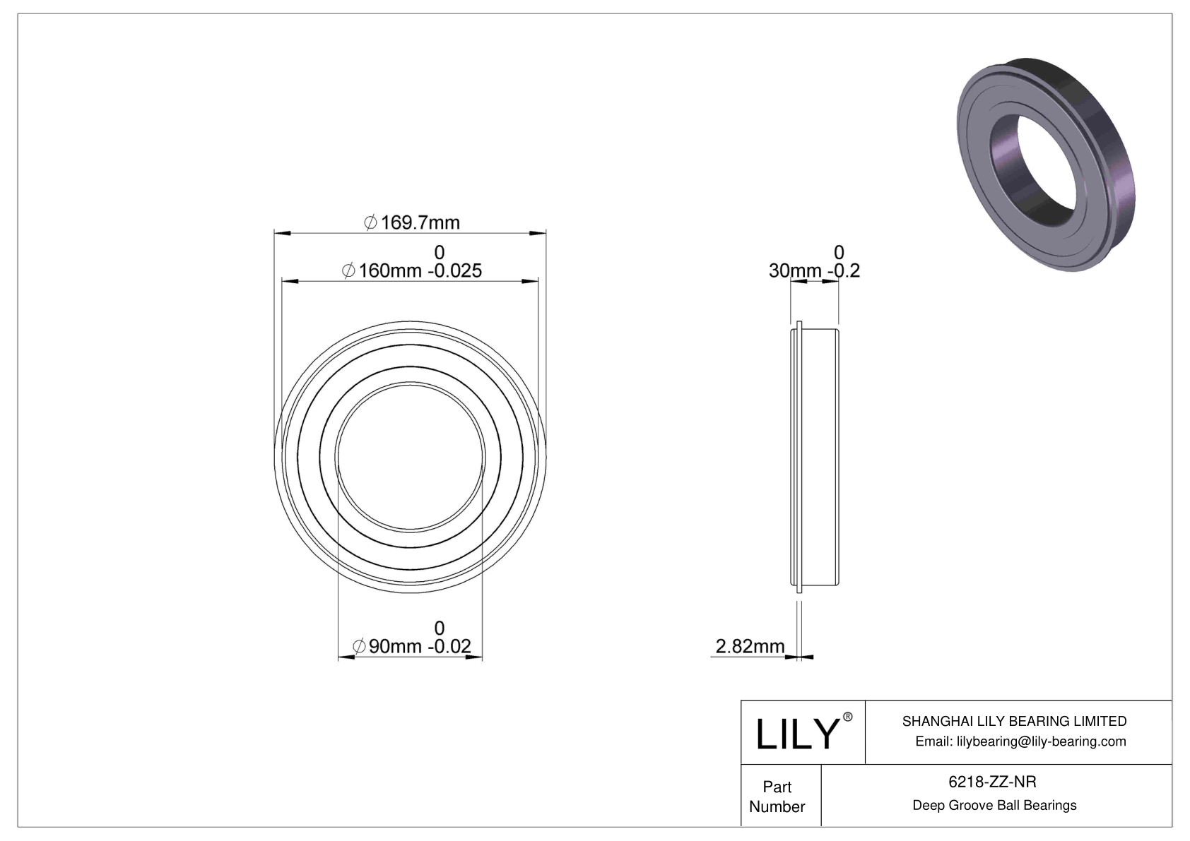 6218-ZZ-NR Deep Groove Ball Bearings (6000, 6200, 6300, 6400) cad drawing