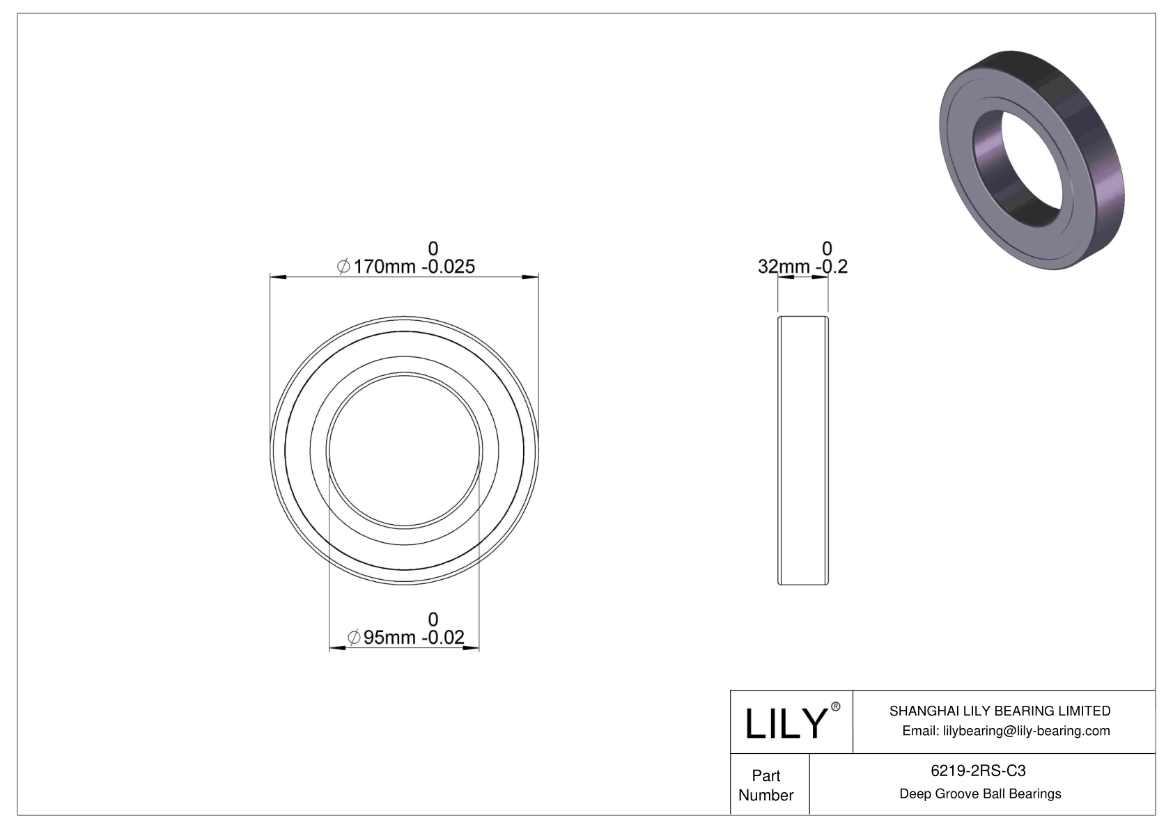 6219-2RS-C3 Deep Groove Ball Bearings (6000, 6200, 6300, 6400) cad drawing