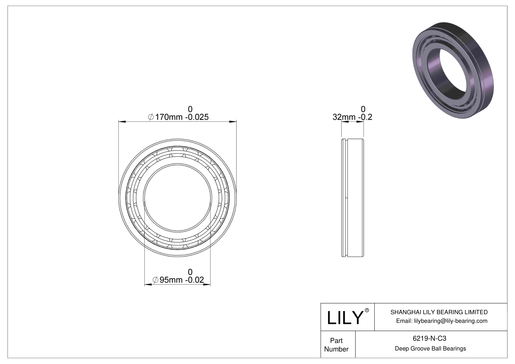 6219-N-C3 Deep Groove Ball Bearings (6000, 6200, 6300, 6400) cad drawing