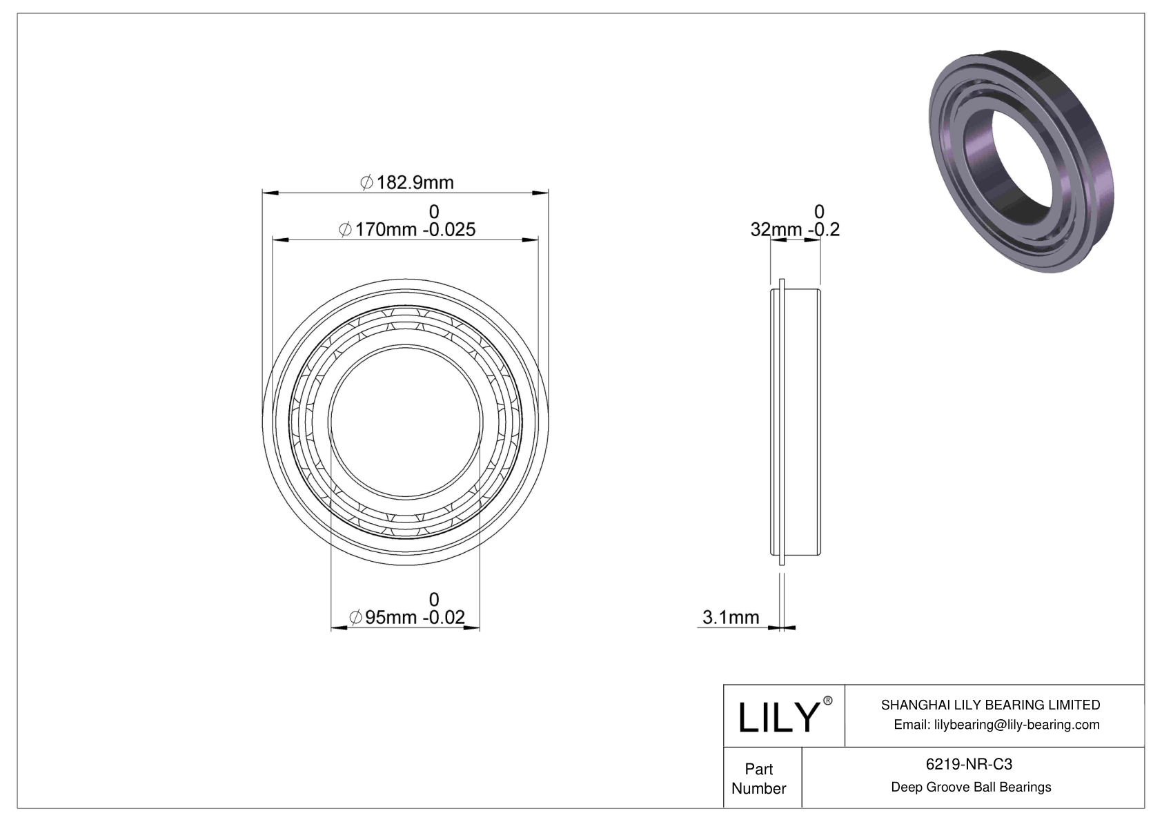 6219-NR-C3 Deep Groove Ball Bearings (6000, 6200, 6300, 6400) cad drawing