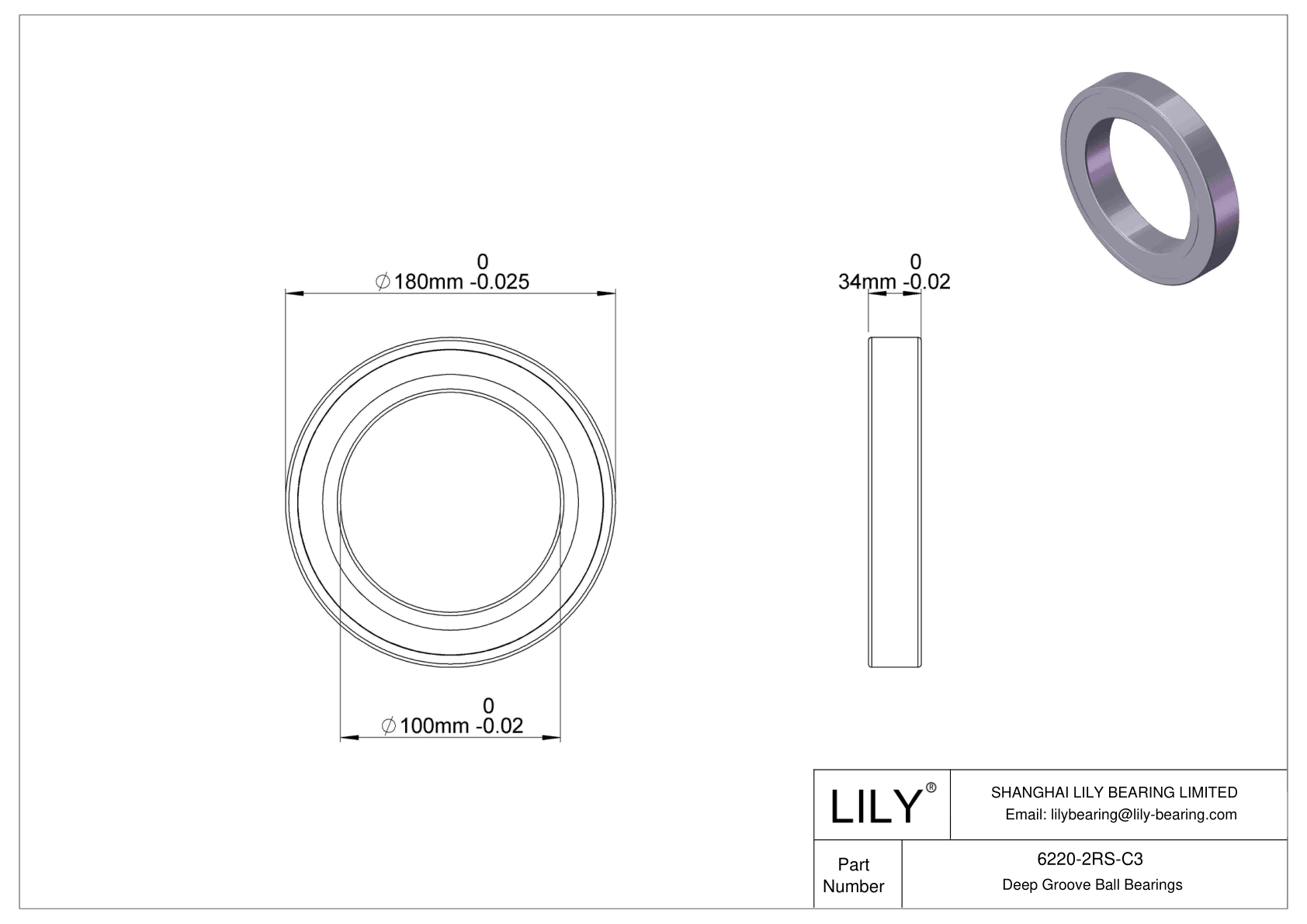 6220-2RS-C3 Deep Groove Ball Bearings (6000, 6200, 6300, 6400) cad drawing