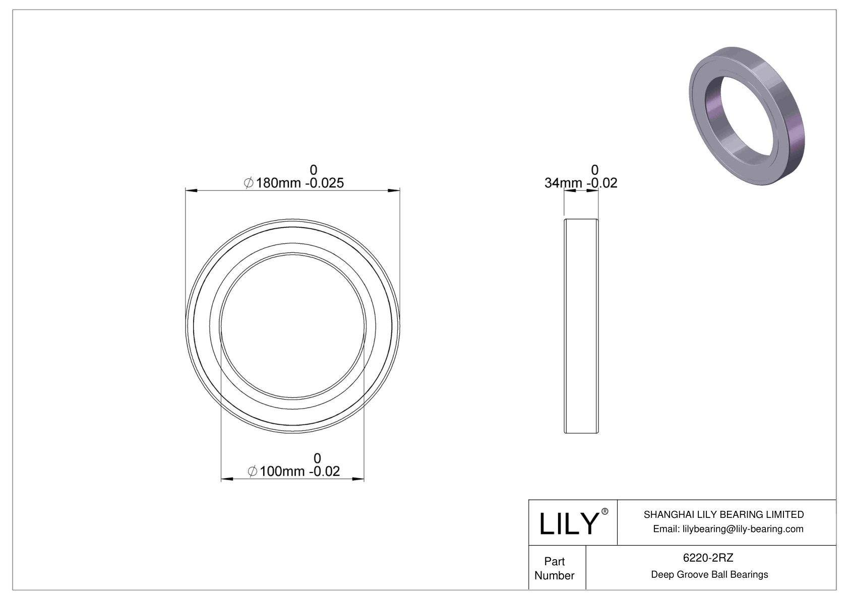 6220-2RZ Deep Groove Ball Bearings (6000, 6200, 6300, 6400) cad drawing