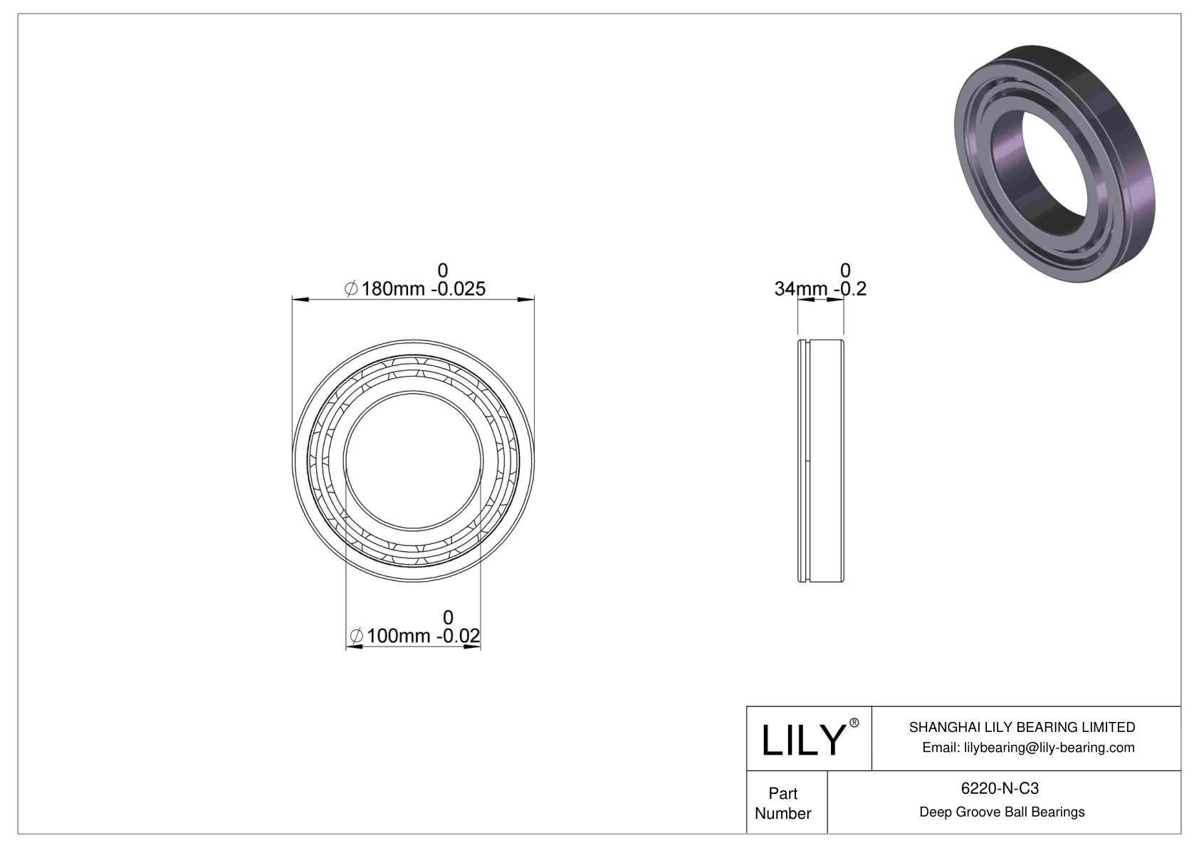 6220-N-C3 Deep Groove Ball Bearings (6000, 6200, 6300, 6400) cad drawing