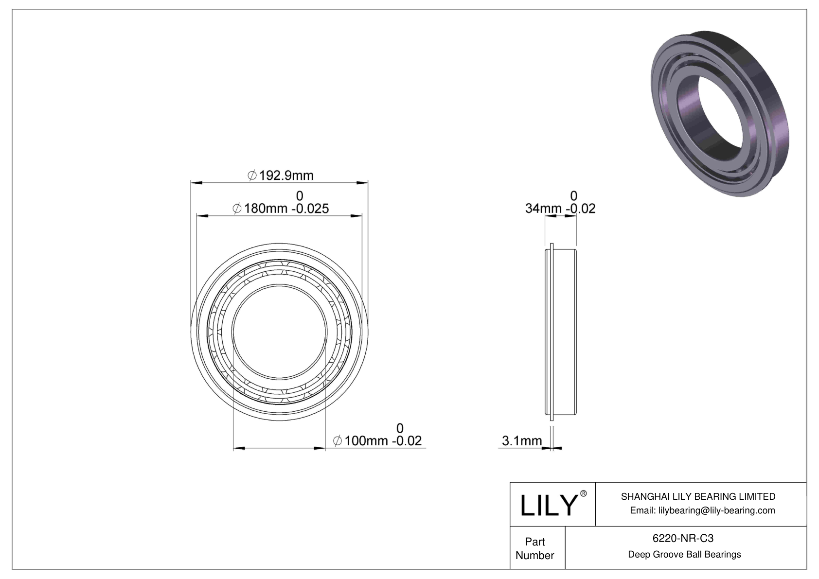 6220-NR-C3 Deep Groove Ball Bearings (6000, 6200, 6300, 6400) cad drawing