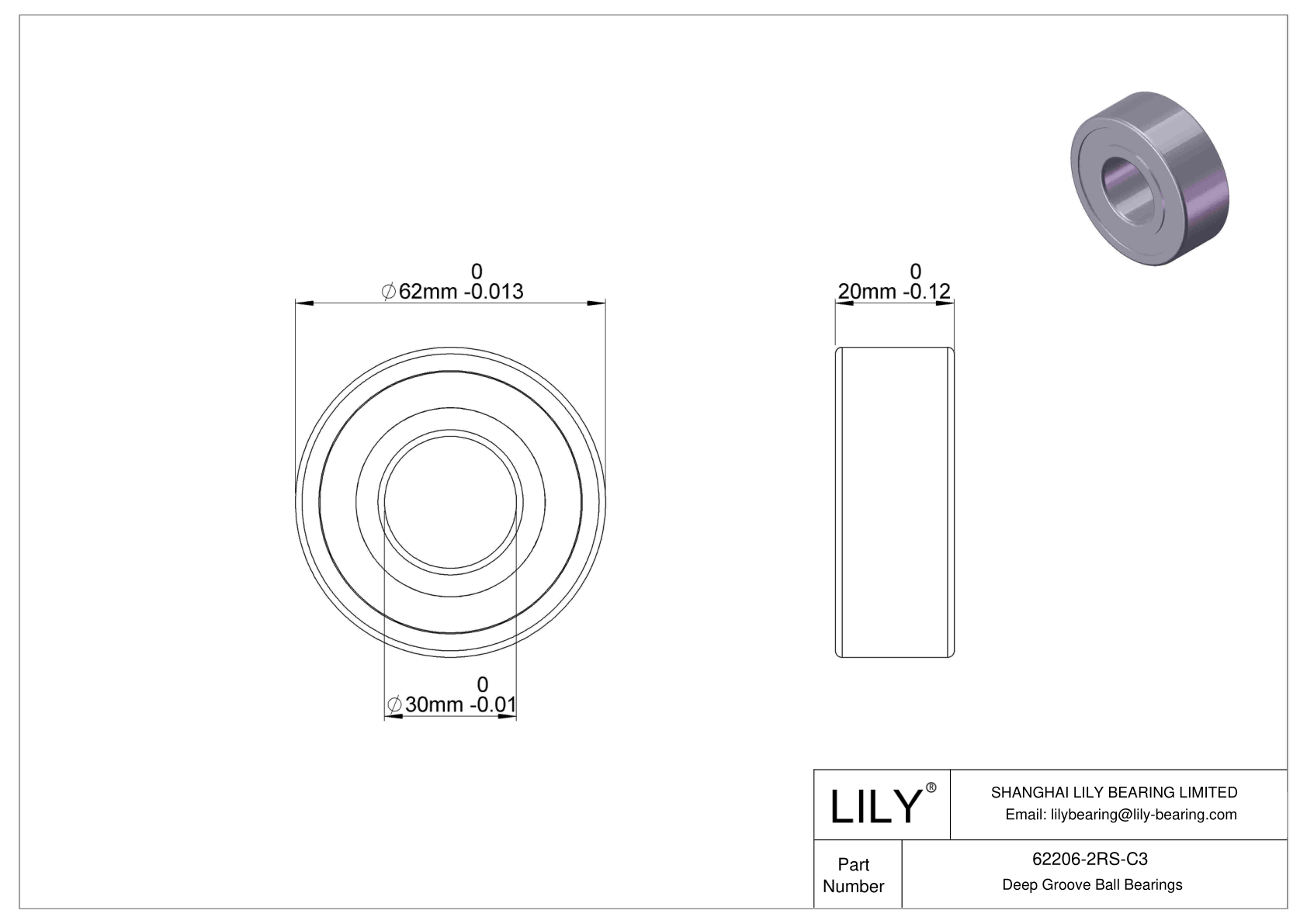 62206-2RS-C3 Wide Section Ball Bearings (62000, 63000) cad drawing