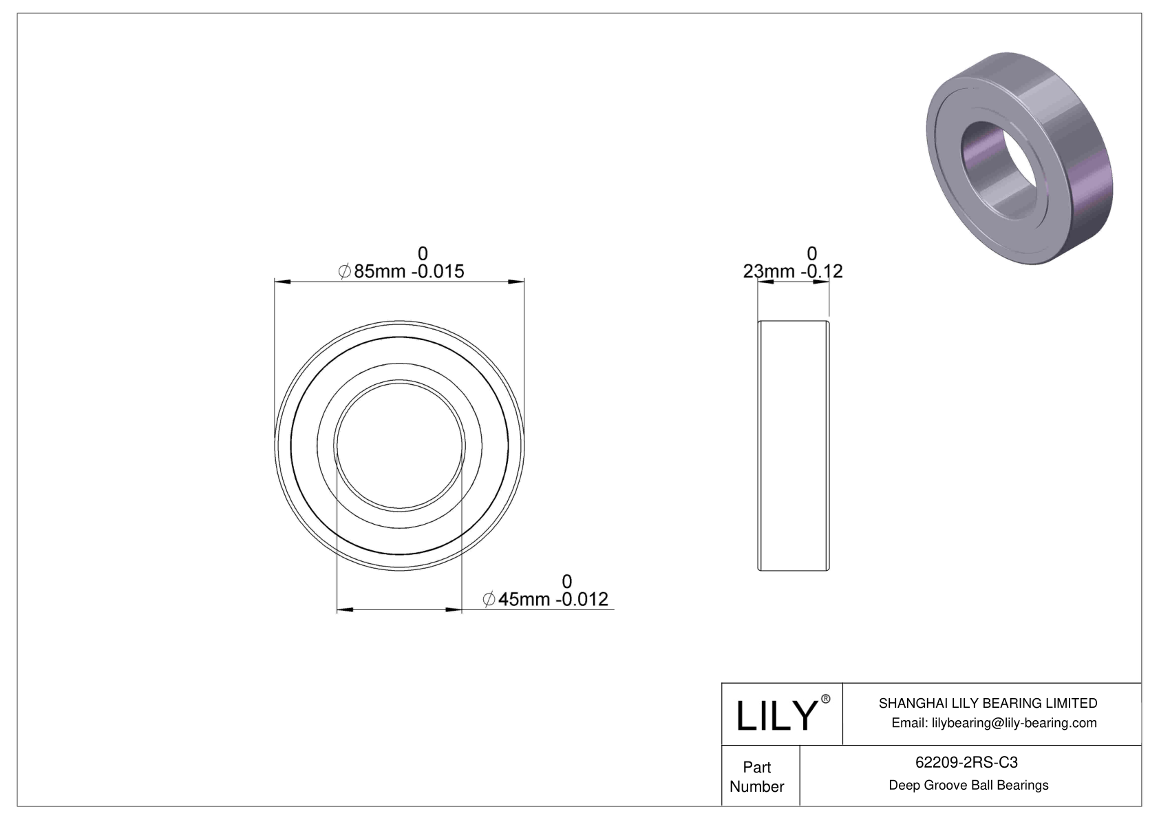 62209-2RS-C3 Wide Section Ball Bearings (62000, 63000) cad drawing