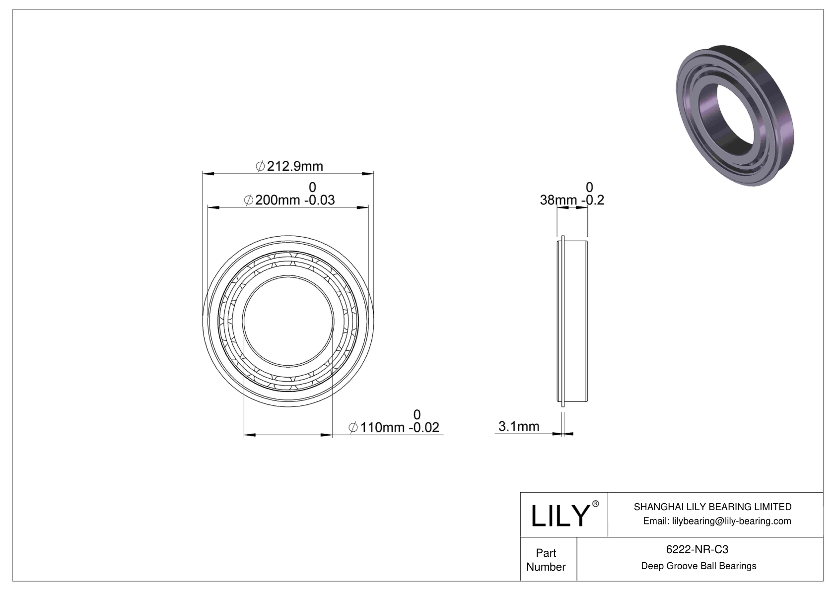 6222-NR-C3 Deep Groove Ball Bearings (6000, 6200, 6300, 6400) cad drawing