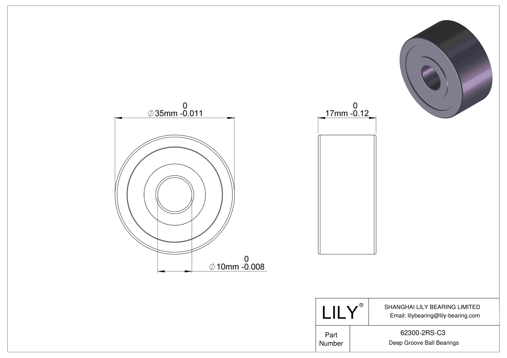 62300-2RS-C3 Wide Section Ball Bearings (62000, 63000) cad drawing