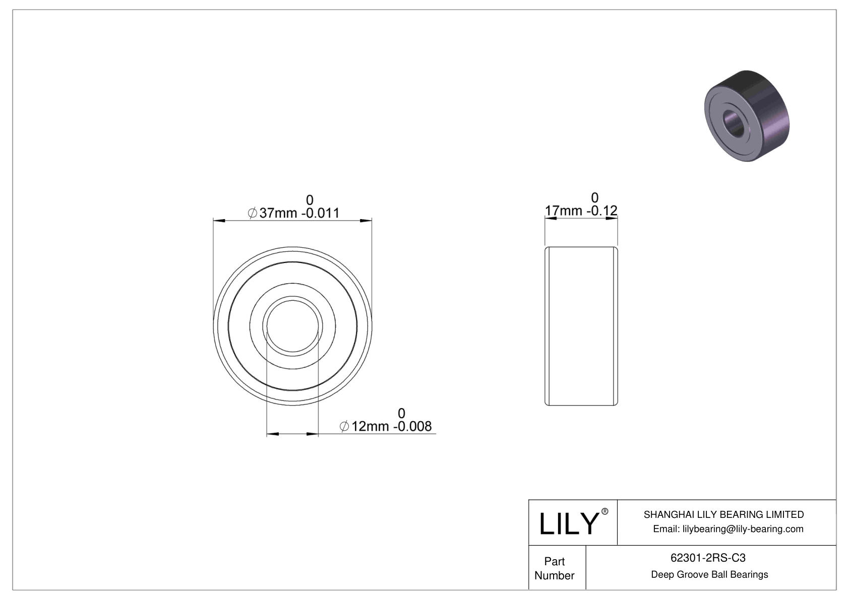 62301-2RS-C3 Wide Section Ball Bearings (62000, 63000) cad drawing