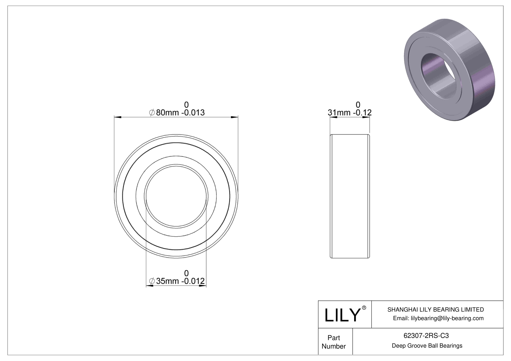 62307-2RS-C3 Wide Section Ball Bearings (62000, 63000) cad drawing