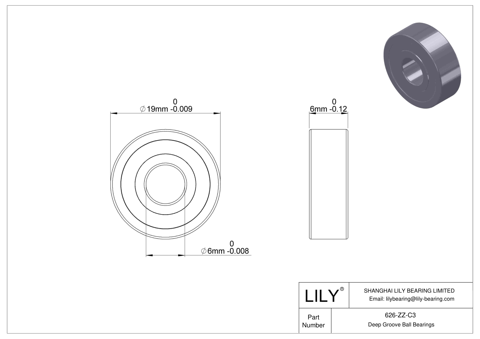 626-ZZ-C3 Miniature Ball Bearings (600, 610, 620, 630) cad drawing