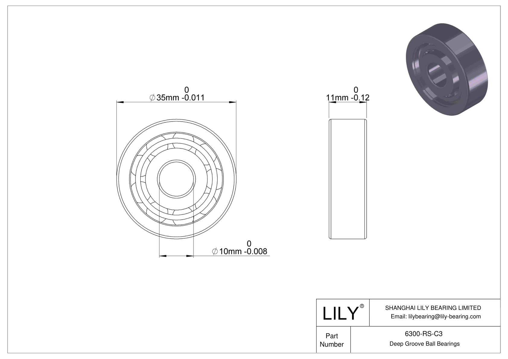 6300-RS-C3 Deep Groove Ball Bearings (6000, 6200, 6300, 6400) cad drawing