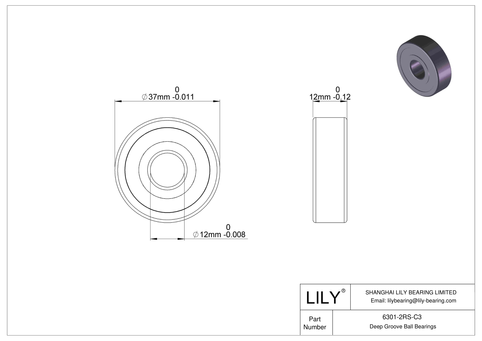 6301-2RS-C3 Deep Groove Ball Bearings (6000, 6200, 6300, 6400) cad drawing