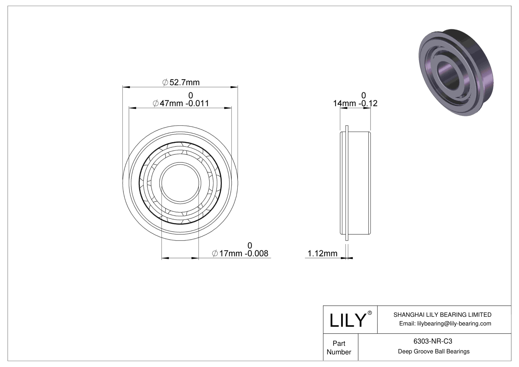 6303-NR-C3 Deep Groove Ball Bearings (6000, 6200, 6300, 6400) cad drawing