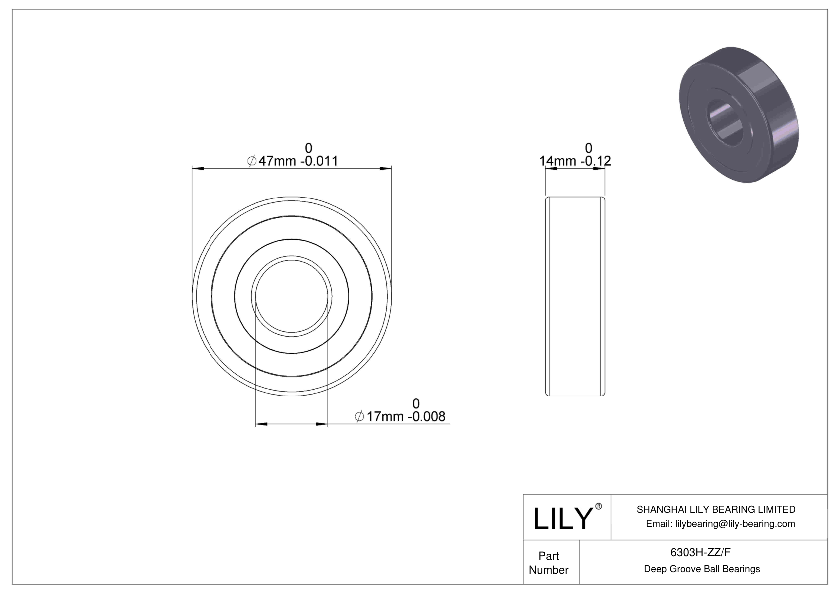 6303H-ZZ/F Corrosion Resistant Deep Groove Ball Bearings cad drawing