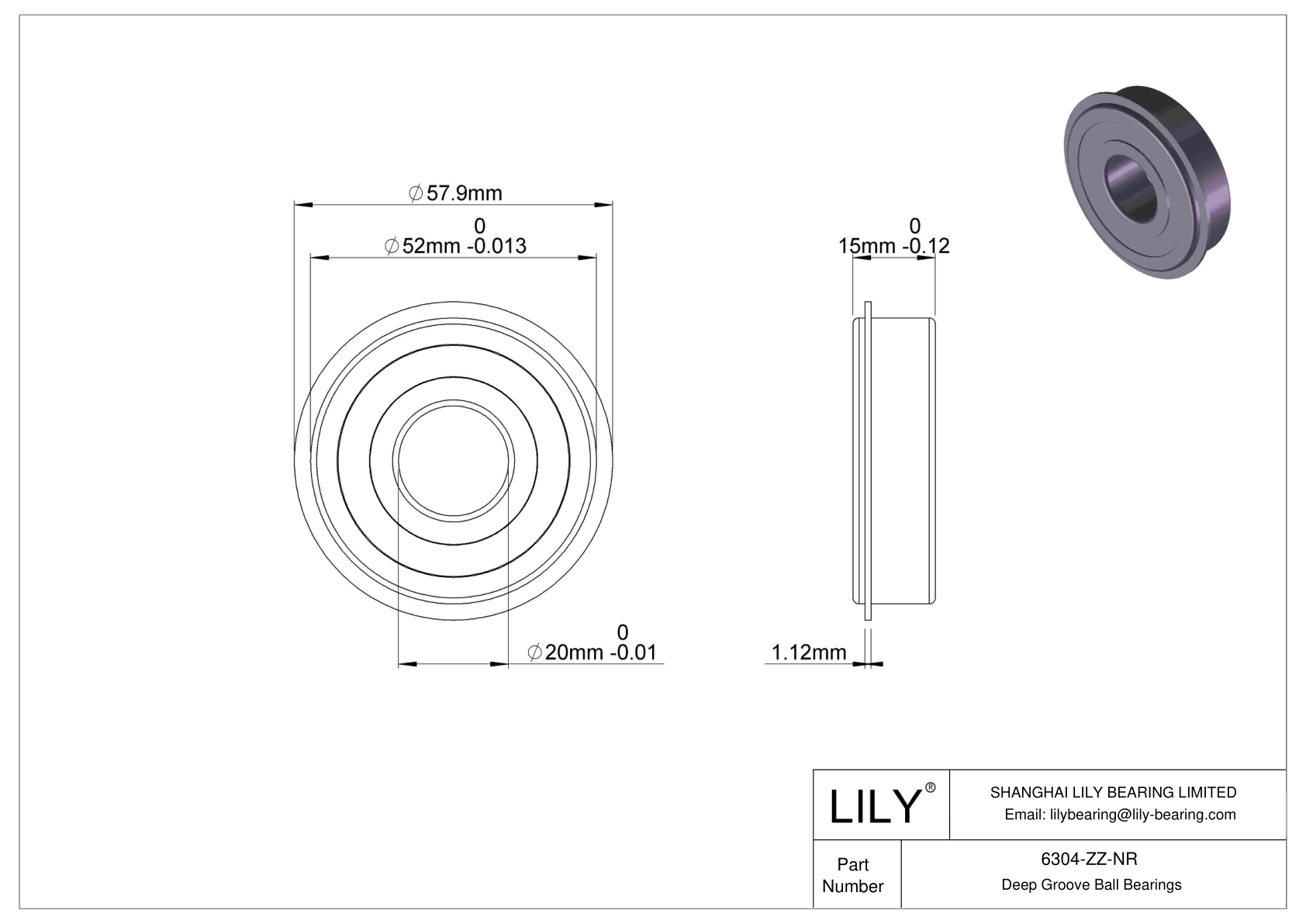 6304-ZZ-NR Deep Groove Ball Bearings (6000, 6200, 6300, 6400) cad drawing