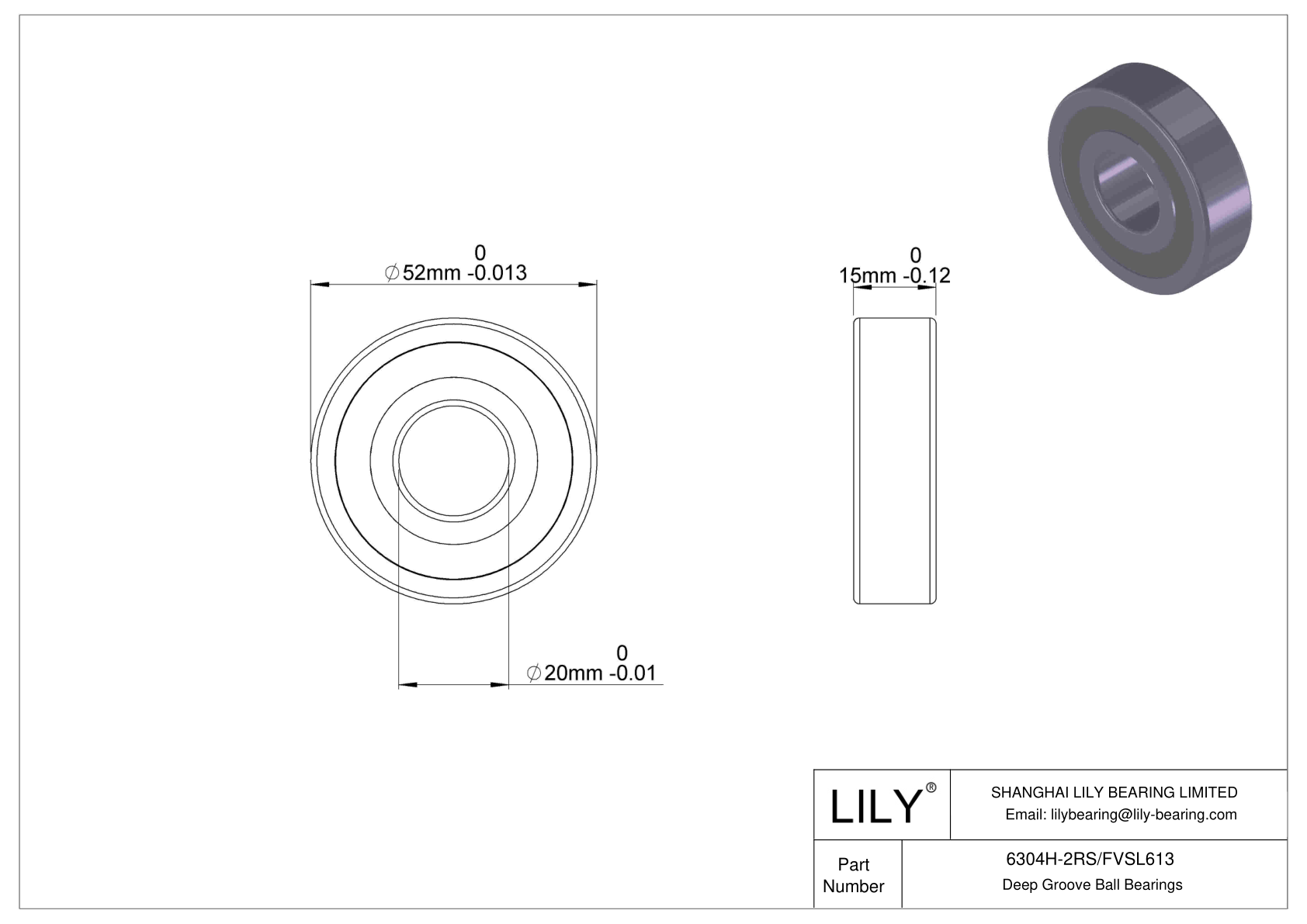 6304H-2RS/FVSL613 Corrosion Resistant Deep Groove Ball Bearings cad drawing