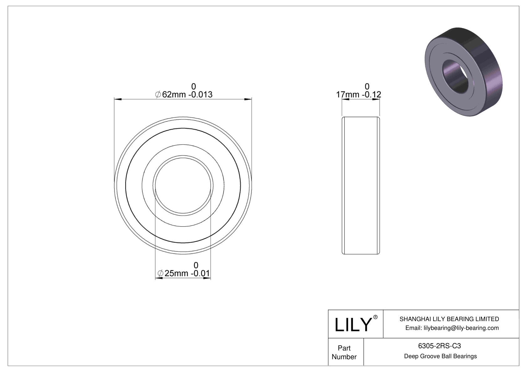 6305-2RS-C3 Deep Groove Ball Bearings (6000, 6200, 6300, 6400) cad drawing