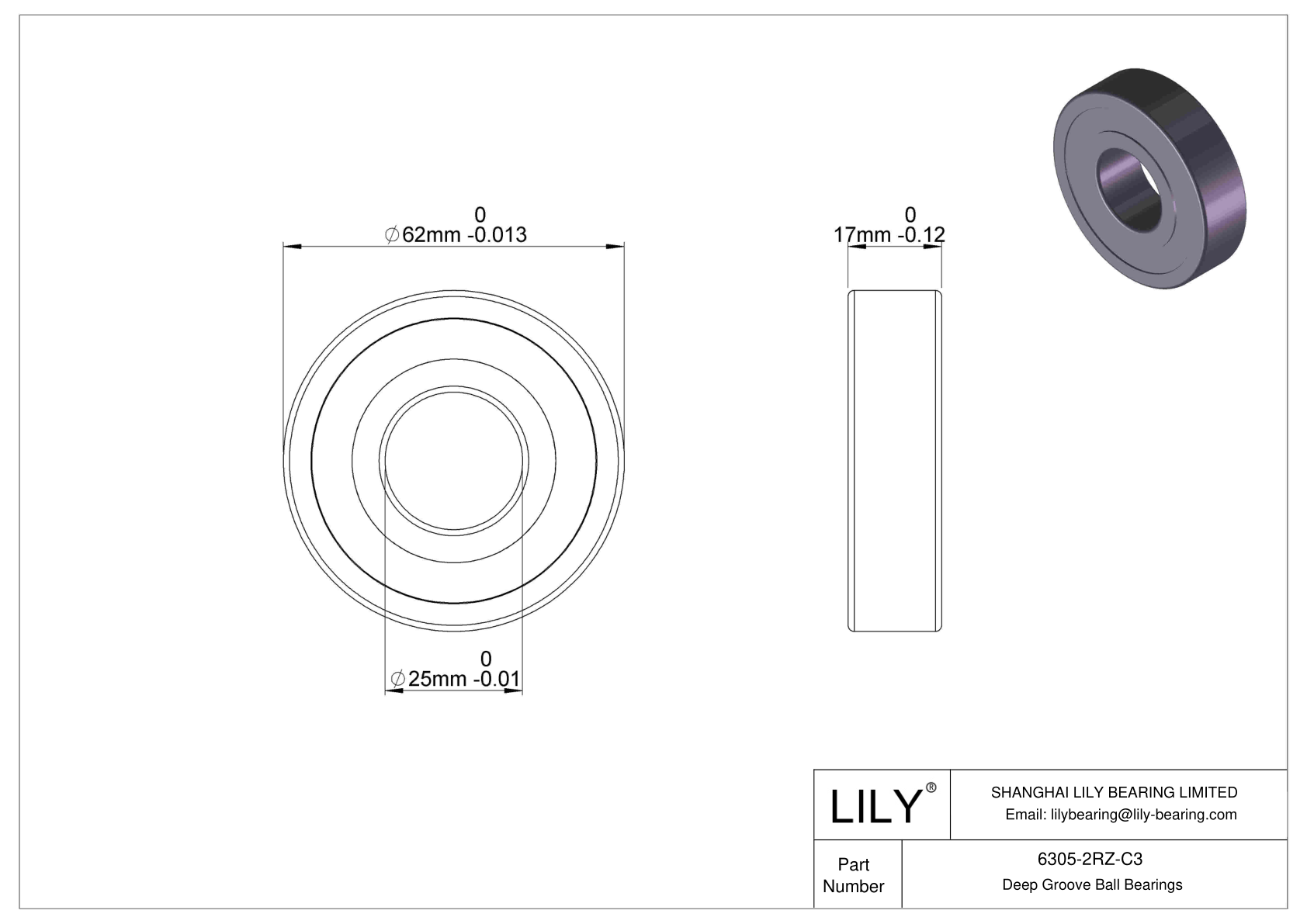 6305-2RZ-C3 Deep Groove Ball Bearings (6000, 6200, 6300, 6400) cad drawing