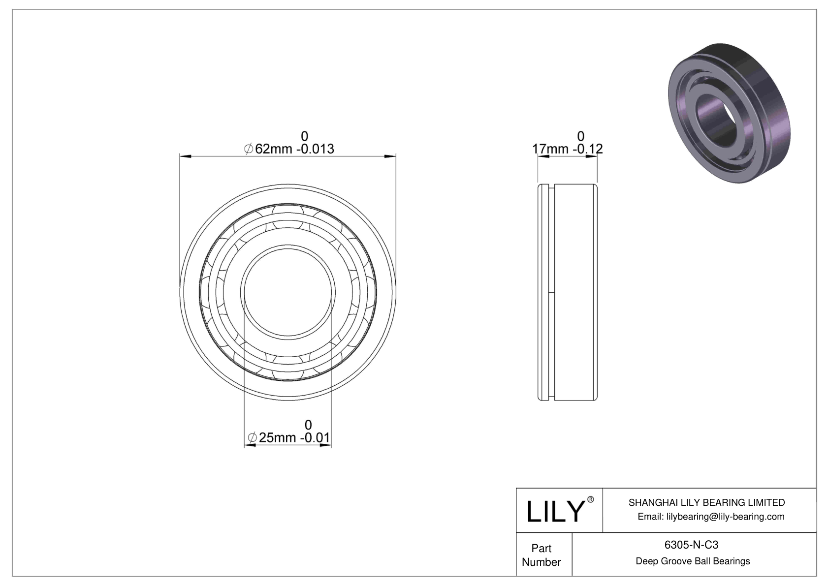 6305-N-C3 Rodamiento general de bolas de ranura profunda cad drawing